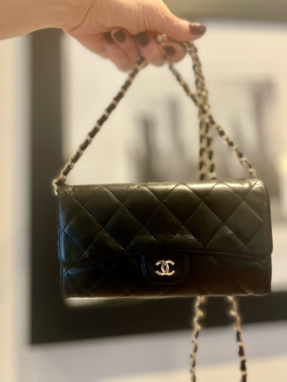 Chanel Black Quilted Leather WOC Crossbody With Gold Chain